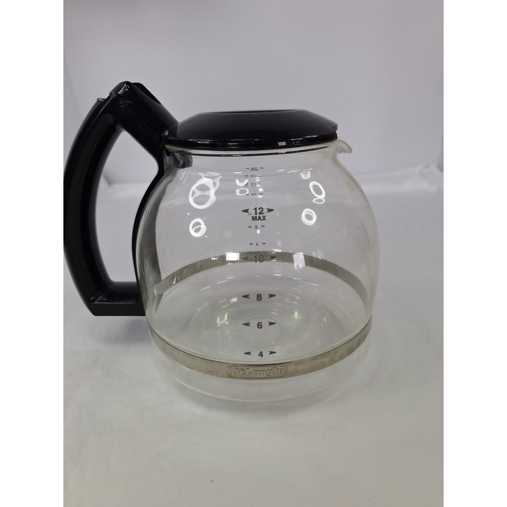 DeLonghi 12 Cup Glass Coffee Carafe Replacement Pitcher Black Handle Lid Clear